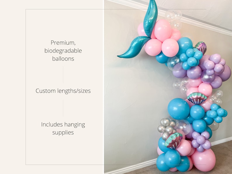 K&ouml;nnte beinhalten: Ein Ballonbogen im Meerjungfrauen-Design aus rosa, blauen und violetten Ballons. Der Bogen ist mit schillernden Muscheln verziert und enth&auml;lt eine t&uuml;rkisfarbene Schwanzflosse. Der Text "Premium, biologisch abbaubare Ballons" ist auf der linken Seite des Bildes sichtbar. Der Text "Individuelle L&auml;ngen/Gr&ouml;&szlig;en" ist unter dem ersten Text sichtbar. Der Text "Enth&auml;lt Aufh&auml;ngebedarf" ist unter dem zweiten Text sichtbar.