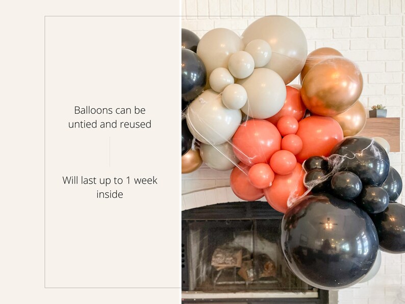 May include: A balloon arch in shades of black, gold, peach, and cream, arranged in a semi-circle. The balloons are of varying sizes and textures. Text on the left states, "Balloons can be untied and reused" and "Will last up to 1 week inside."