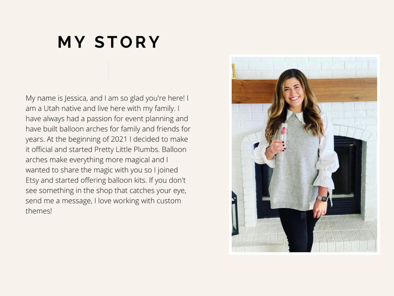 May include: The text "MY STORY" is displayed at the top of the image. The text below describes the seller's passion for event planning and balloon arches. A woman is holding a glass of champagne in front of a fireplace.