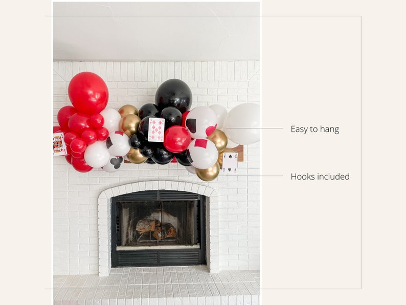 May include: A red, white, black, and gold balloon garland with playing card cutouts, hung above a fireplace. Easy to hang with hooks included.