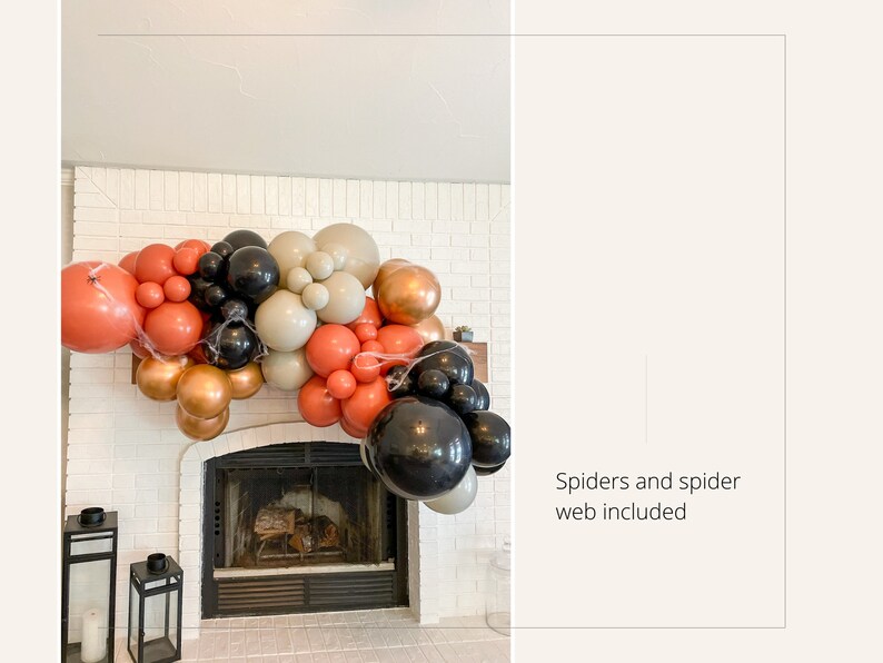 May include: A Halloween-themed balloon garland in shades of orange, black, gold, and beige, arranged above a fireplace. The garland includes spiders and spider webs for decoration.