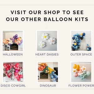 K&ouml;nnte beinhalten: Eine Collage von Bildern, die verschiedene Ballonbogen-Sets f&uuml;r verschiedene Themen zeigen, darunter Halloween, Herz-G&auml;nsebl&uuml;mchen, Weltraum, Disco-Cowgirl, Dinosaurier und Flower Power.