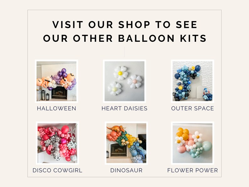 K&ouml;nnte beinhalten: Eine Collage von Bildern, die verschiedene Ballonbogen-Sets f&uuml;r verschiedene Themen zeigen, darunter Halloween, Herz-G&auml;nsebl&uuml;mchen, Weltraum, Disco-Cowgirl, Dinosaurier und Flower Power.