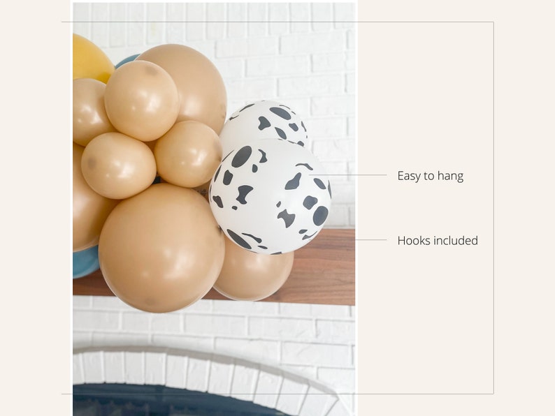 May include: A collection of balloons in various sizes and colors, including tan and white with black spots. The balloons are arranged together, with the text "Easy to hang" and "Hooks included" visible.