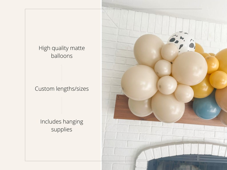 May include: A balloon garland featuring high-quality matte balloons in various sizes and colors, including beige, yellow, and blue. One balloon has a dalmatian print. The garland includes hanging supplies.