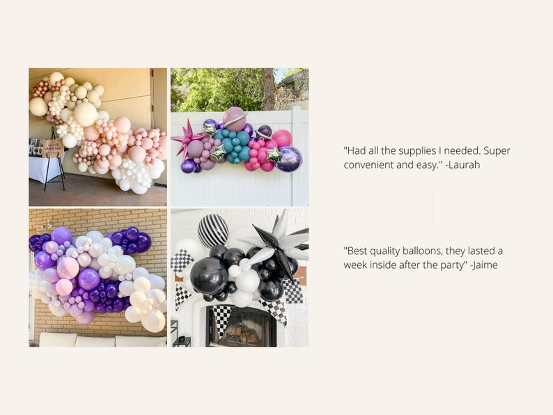 May include: A collage of balloon arrangements in various colors and styles. One arrangement features pink and white balloons, another has purple and white balloons, and a third showcases black and white balloons. The image also includes customer testimonials.