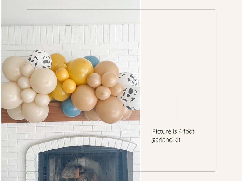 May include: A 4-foot balloon garland kit featuring a mix of colors. The balloons are in shades of beige, yellow, blue, and brown, with some patterned with black spots. The garland is displayed above a fireplace.