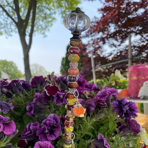 Beaded Pumpkin Garden Stake: Sparkling Crystal & Leaf Charms
