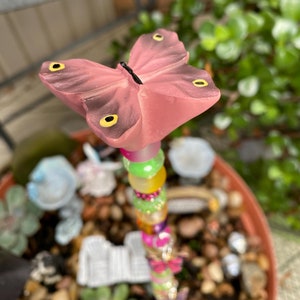 Plant Stake, Butterly Garden Stake, Beaded Garden Stake, Fairy Garden Stake, Pink Butterfly Garden Decor,  Gift Bag Bow, Free Shipping