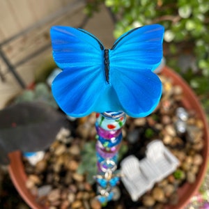 Plant Stake, Butterfly Garden Stake, Beaded Garden Stake, Fairy Garden Stake, Blue Butterfly Stake, Garden Art, Gift Bag Bow Included
