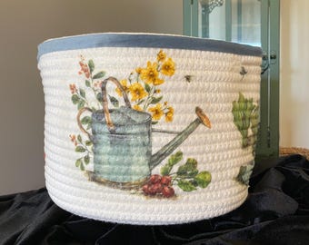 Garden Cotton Rope Basket:  Decoupaged Watering Can Design with Velvet Trim