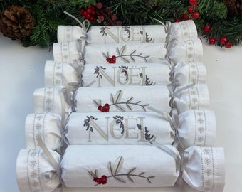 Fabric Embroidered Eco Reusable Christmas Crackers - Silver Noel Design, 6 in a set.