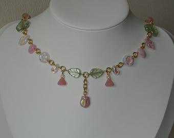 Pink Tulip Necklace, Fairycore Necklace, Princess, Dainty, Whimsical, Handmade Jewellery, Czech Glass Beads