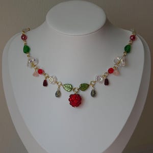 Red Raspberry Necklace, Lampwork Bead, Summer, Fairycore Necklace, Handmade Jewellery, Czech Glass Beads