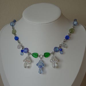 Blue Enchanted Mushroom Necklace, Cottagecore, Stainless Steel, Fairycore Necklace, Handmade Jewellery, Czech Glass Beads