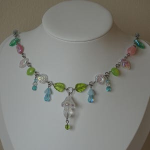 Crystal Enchanted Mushroom Necklace, Cottagecore, Stainless Steel, Fairycore Necklace, Handmade Jewellery, Czech Glass Beads