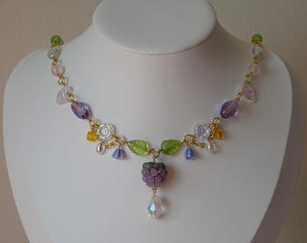 Purple Raspberry Necklace, Lampwork Bead, Cottagecore, Fairycore Necklace, Handmade Jewellery, Czech Glass Beads