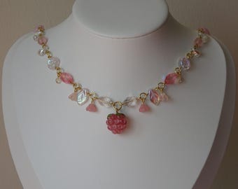 Pink Princess Raspberry Necklace, Lampwork Bead, Iridescent, Fairycore Necklace, Czech Glass Beads