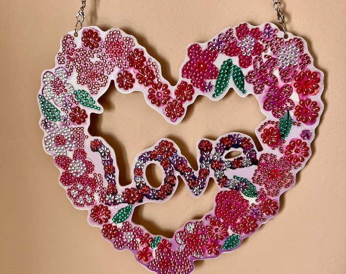 Featured listing image: Floral Heart Love Wreath Hanging – Finished Diamond Art – Sparkly Wall or Window Decor, Single-Sided