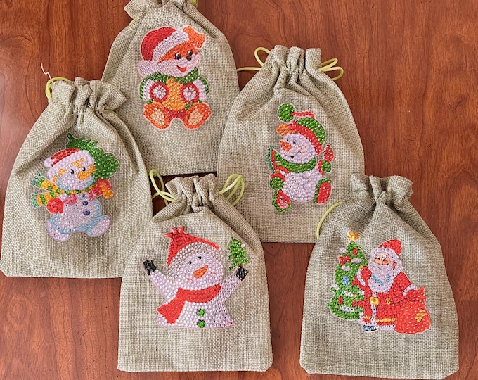 Featured listing image: Hand Beaded Christmas Burlap Gift Bag: Santa, Snowman & Teddy Bear