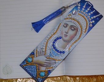 Blessed Virgin Mary Bookmark with tassel, Gold Cross Bible Bookmark. Unique finished diamond painting bookmarks. Catholic gift ideas.