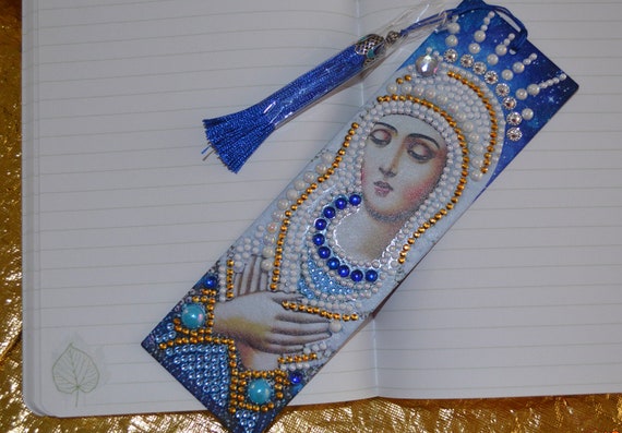 Catholic Art Bookmarker, Virgin Mary Bookmark, Gold Cross Diamond