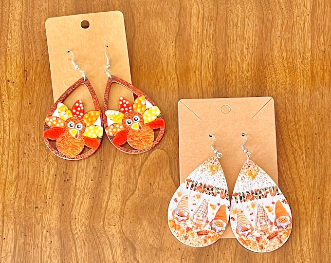 Featured listing image: Thanksgiving Earrings: Turkey or Thankful Gnomes Rhinestone Jewelry
