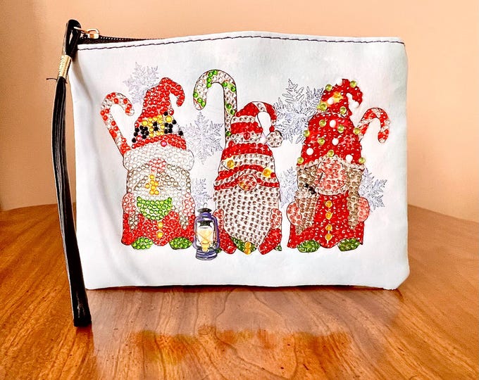 Featured listing image: Christmas Gnome Zipper Pouch – Beaded Rhinestone Holiday Clutch – Diamond Painting Makeup Bag – Gift for Her.