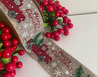 Hessian Style Ribbon with Red Pickup Truck and Christmas Tree 63mm Width Wire Edged, Price per Metre
