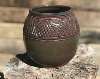 Handmade, hand carved medium ceramic vase, stoneware base