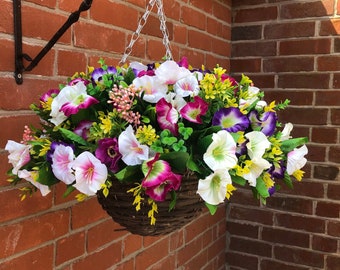 Artificial flower hanging basket with morning glory, petunias, wild flowers berries and greenery hand made