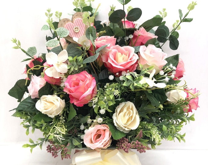 Featured listing image: Mothers Day Artificial Flower Display Gift with Roses and Greenery in Pinks and ivory 40cm x 50cm Hand Made