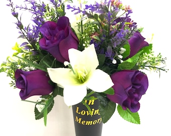 In Loving Memory Grave Spike, Purple Lilies & Ivory Roses