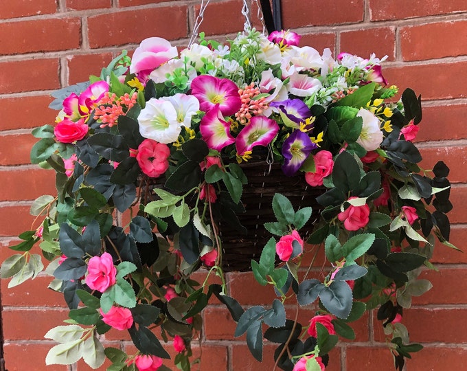 Featured listing image: Artificial flower Hanging Basket trailing pink roses and greenery with morning glory wild flowers hand made