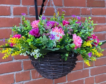 Artificial flower hanging basket with Chrysanthemums and Greenery In creams & Pinks Hand Made New for 2024