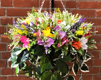 Extra large Cone Artificial flower hanging basket with Alstroemeria, Fern wild flowers berries and greenery hand made