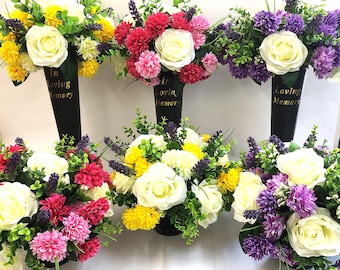 Grave spike or Pot with Artificial flowers, chrysanthemums, roses and lavender hand made Memorial display.
