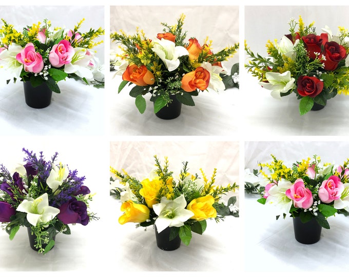 Featured listing image: Artificial silk Flower Grave pot With Lilies & Roses. Hand Made in 5 Colours
