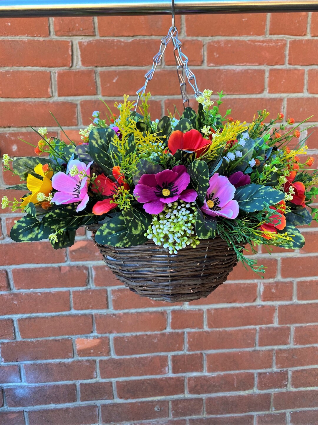 Artificial Flower Hanging Basket With Bright Poppies, Berries, Wild