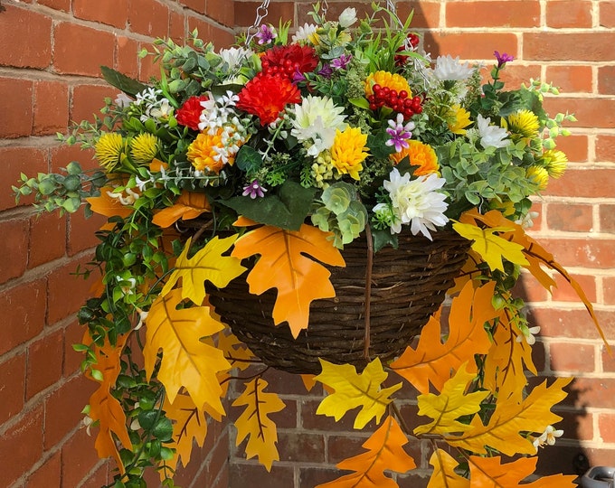 Featured listing image: Artificial Hanging Basket With Berries,Chrysanthemums, Various Trailing Greenery Hand Made. Hang all year round