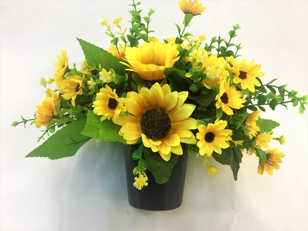 Artificial Flower Grave Pot With Sunflowers and Eucalyptus Hand Made