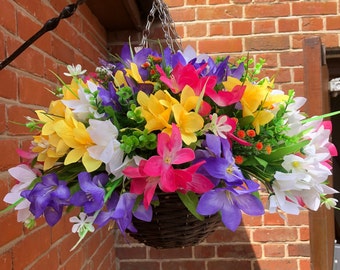 Handmade Artificial Lily Hanging Basket, Colorful Floral Decor