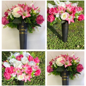 Grave spike filled with artificial flowers, pink and white roses and Lilies, with wild flowers, hand made , Mum, Dad, In loving memory etc