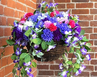Handmade Artificial Flower Hanging Basket, Purple Morning Glory & Chrysanthemums