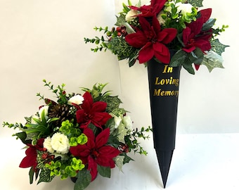 Christmas Grave Pot or Spike Artificial Red Poinsettias, Carnations, Pine Cones Hand Made