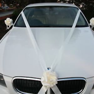 May include: White car decorated with white satin ribbons and white fabric flower arrangements for a wedding.