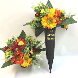 Grave pot or SpIke with Artificial Red and Orange Gerberas eucalyptus and Berries Hand Made