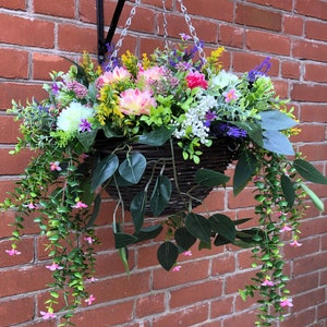 Large Artificial flower hanging basket with Chrysanthemums, Trailing Leaves &  Flowers New for 2024 Hand Made