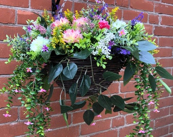 Large Artificial flower hanging basket with Chrysanthemums, Trailing Leaves &  Flowers New for 2024 Hand Made