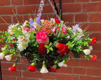 Artificial Flower Hanging Basket with pink lilies roses and carnations with lilacs and greenery hand made